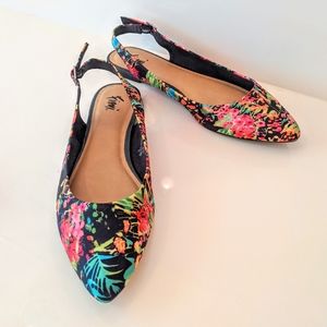 Fioni Neon Floral Print Sling Back Flats SIZE 9.5